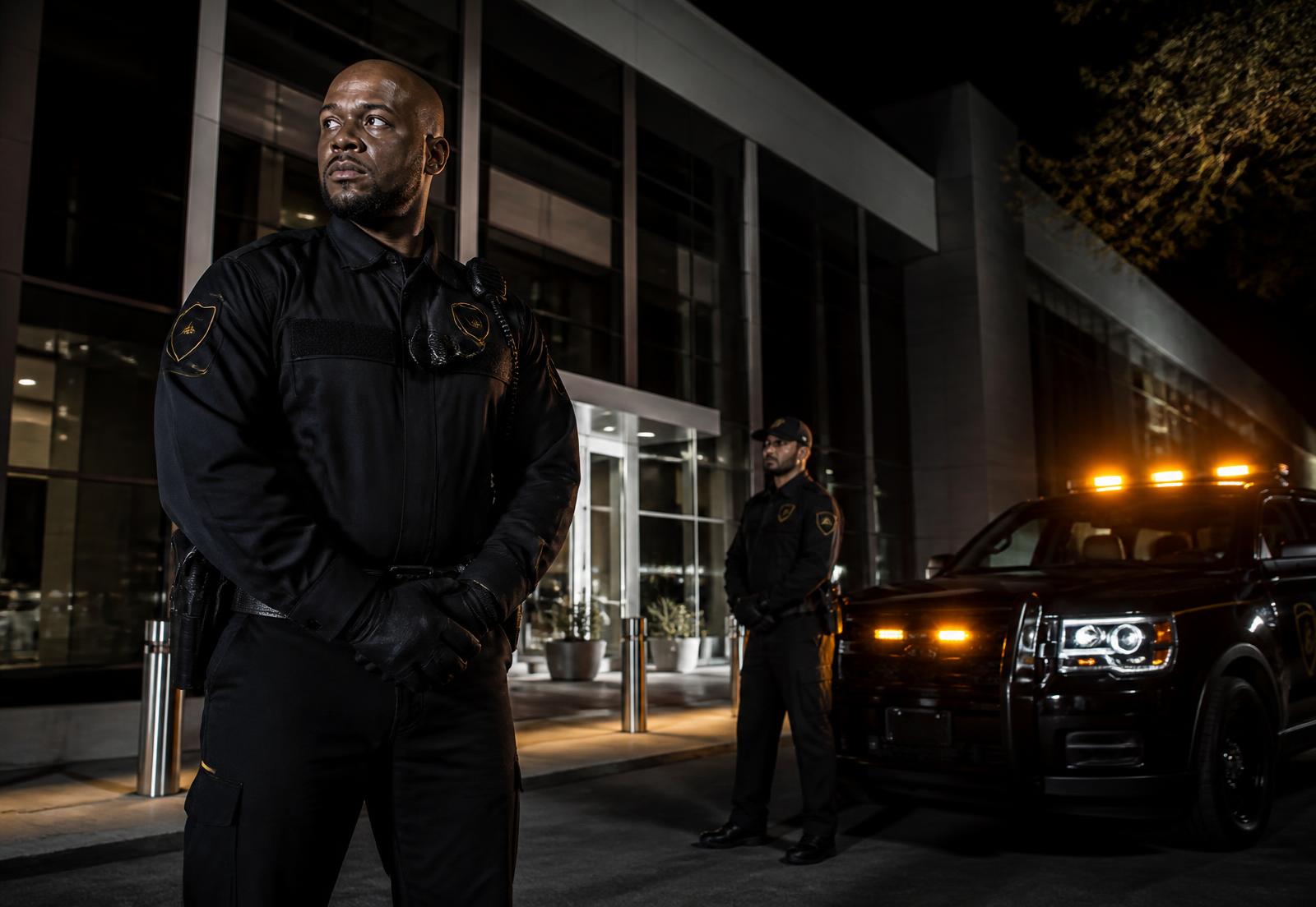 Guardian Defense Group officers on patrol outside a commercial property at night