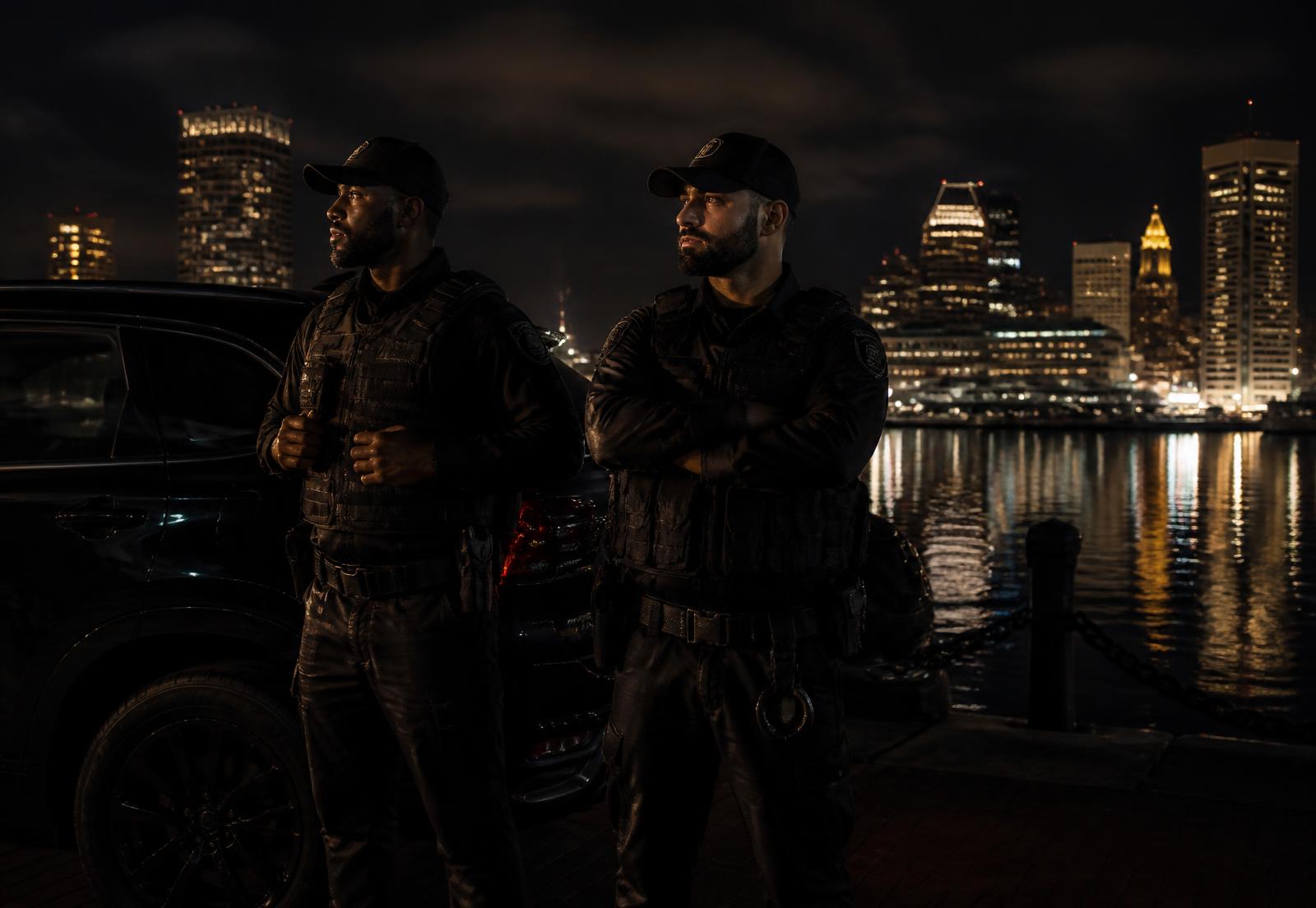 Guardian Defense Group officers on patrol at the Baltimore harbor at night